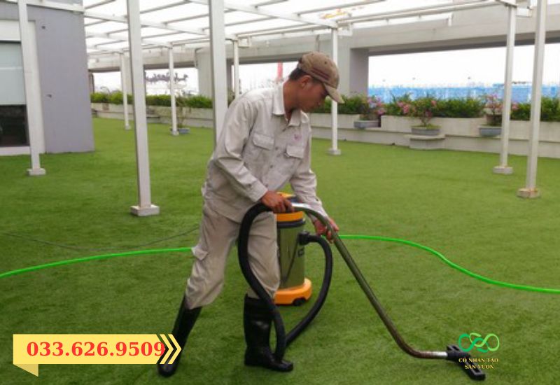 Làm sạch thảm cỏ nhân tạo bằng máy hút bụi