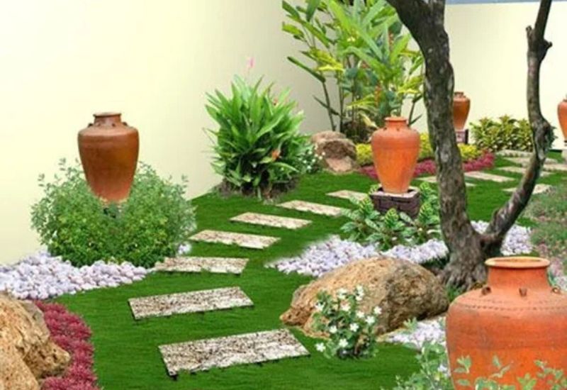 Mô hình cỏ nhân tạo tiểu cảnh kết hợp đá, sỏi
