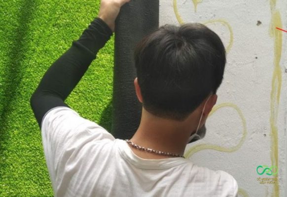 Dán thảm cỏ nhân tạo lên vách ngăn, tường