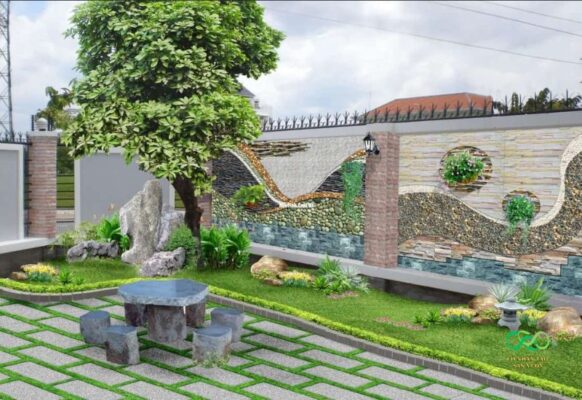 Khuôn viên xanh mát với thảm cỏ nhân tạo