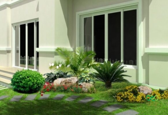 Thiết kế cỏ nhân tạo cảnh quan xen kẽ cây cảnh