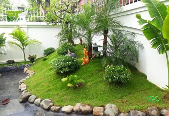 Tiểu cảnh nhỏ kết hợp cùng cỏ nhân tạo